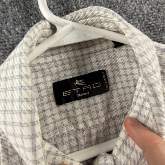 Etro Milano Italy Size 42 Button Up Shirt Long Sleeve Blue White Check Woven - Picture 10 of 14